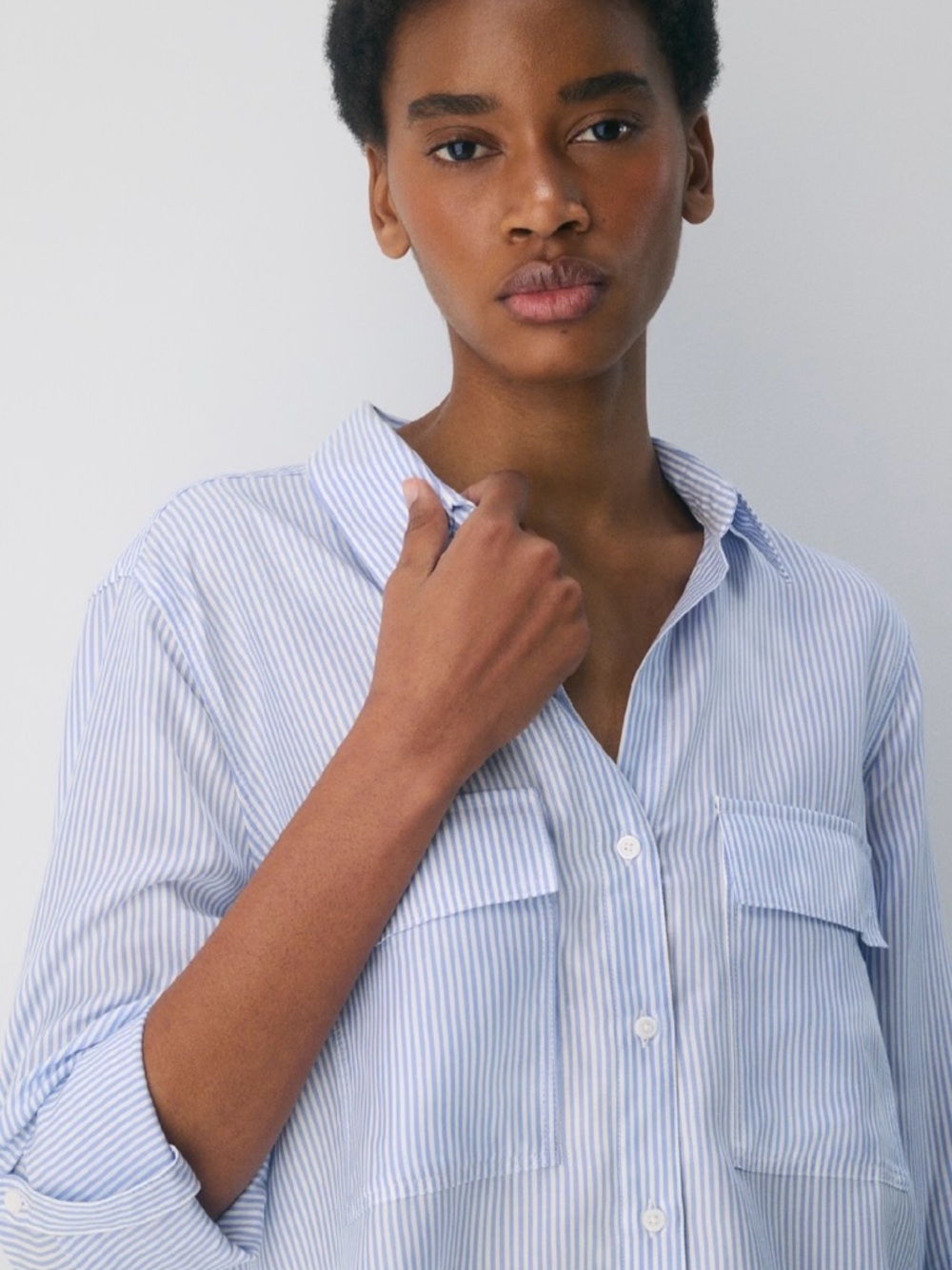 Aritzia Babaton Utility Shirt with Blue and White Pinstripes